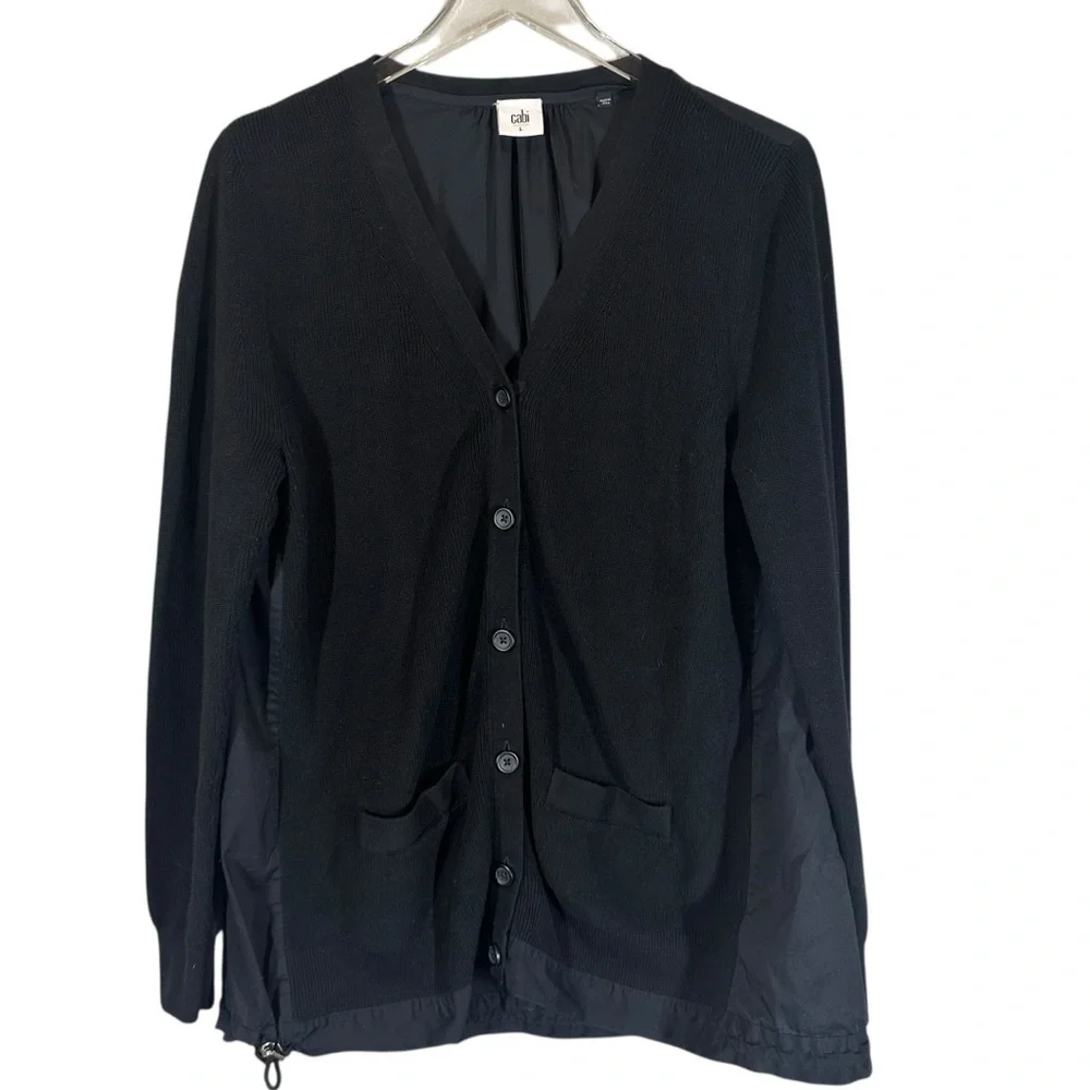 CABI Women's Large #5143 Windbreaker Black Multi-Media V-Neck Cardigan Sweater